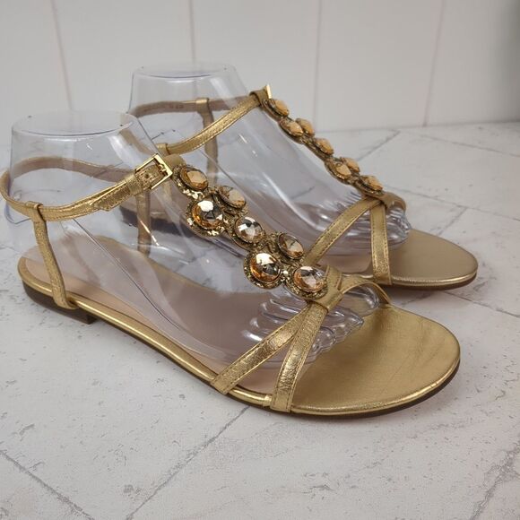KATE SPADE Gold Metallic Stacey Flat Sandals Rhinestone Strappy Size 8.5 M - Picture 2 of 15